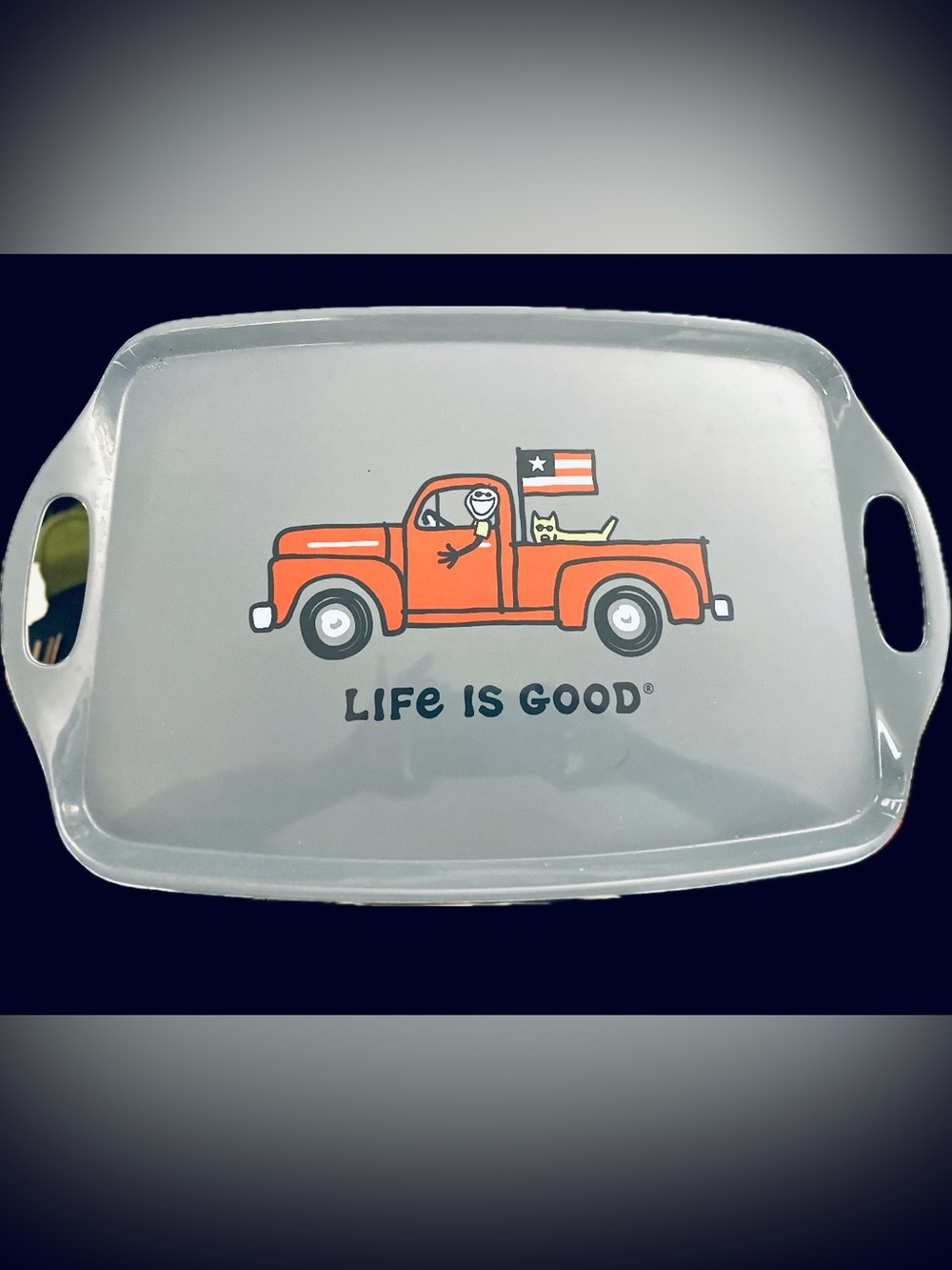 Life Is Good Blue Gray Melamine Tray Red Pick Up Truck Flag Dog Motif July 4th